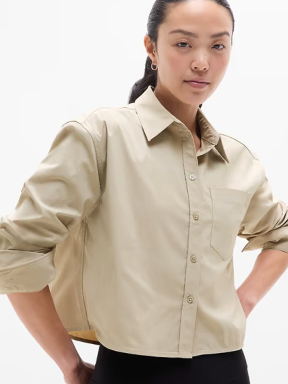 Athleta Midday Cropped Button-Front Shirt - Beige Size Large
